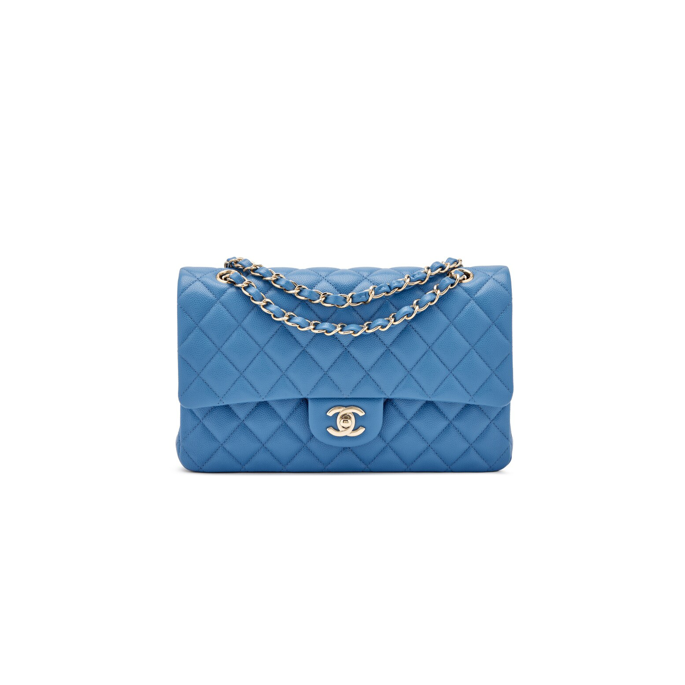 CHANEL BLUE QUILTED CAVIAR MEDIUM CLASSIC DOUBLE FLAP LIGHT GOLD HARDWARE AS1112 (25*15*6cm)